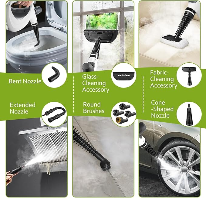 Pressurized Handheld Multi-Surface Natural Steam Cleaner with 12 pcs Accessories, Multi-Purpose Steamer for Home Use, Steamer for Cleaning Floor, Upholstery, Grout and Car (Grey)