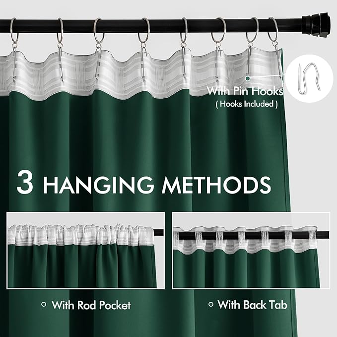 MIULEE Hunter Green Back Tab Blackout Curtains 120 Inch Long 2 Panels Set for Living Room Bedroom, Rod Pocket/Pinch Pleated Extra Long Thermal Insulated Room Darkening 10FT Window Drapes