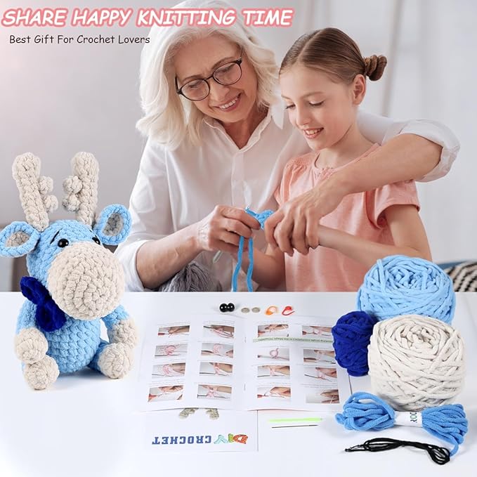 Crochet Animal Kit – 10in Adorable MOOSE, Amigurumi Crochet Kit For Intermediate Advanced level, Kids Knitting Kit with Detailed Videos Tutorials, Yarn, Crochet Hook, Best Gift For Crochet Lovers