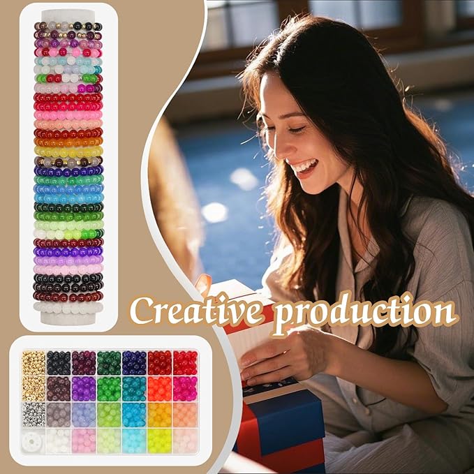 JULIMAIDONG 8mm Glass Beads for Bracelets 1000pcs, 24 Colors Round Crystal Glass Bracelet Beads Making Kit for Jewelry Making Kits Bead DIY Crafts with Spacer Charms Accessories (8MM, 24 Color)