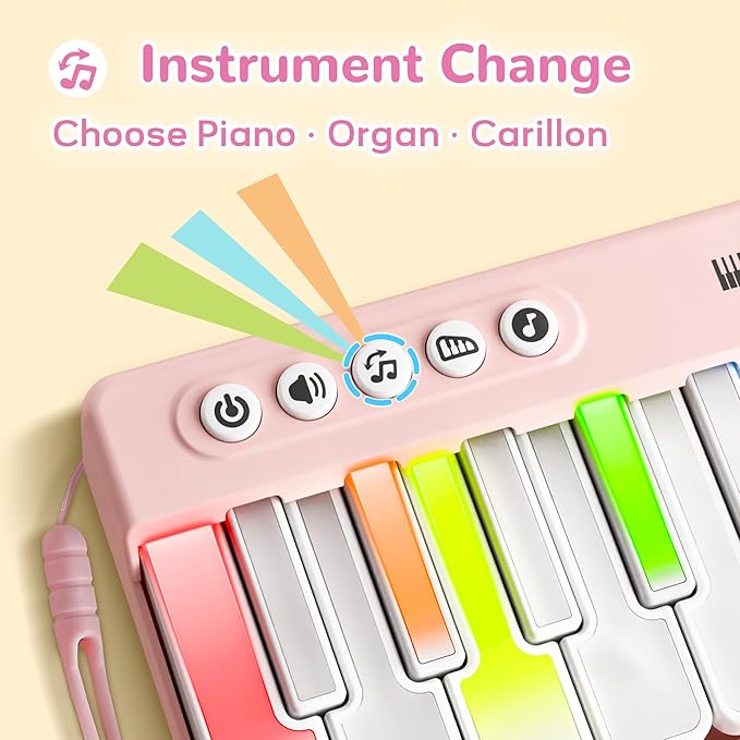 iPlay, iLearn Kids Mini Piano Toy W/Rainbow Lights, Portable Travel Piano Keyboard Toddlers Musical Instrument Learning Toys, Music Interactive Birthday Gift for 2 3 4 5 6 Year Old Girls Children