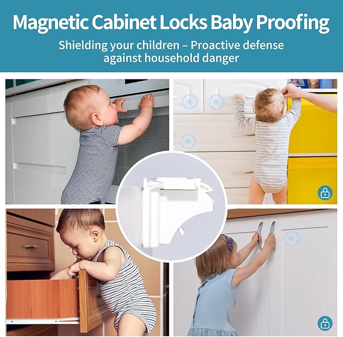Adhesive Magnetic Cabinet Locks Baby Proofing for Cabinets & Drawers (30 Locks and 4 Keys)