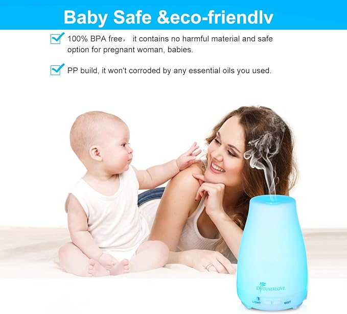 Diffuserlove 2 Pack 200ml Essential Oil Diffuser Ultrasonic Aromatherapy Diffuser Cool Mist Humidifiers with 7 Color LED Lights & Waterless Auto Shut-Off for Home Office Kitchen Bedroom