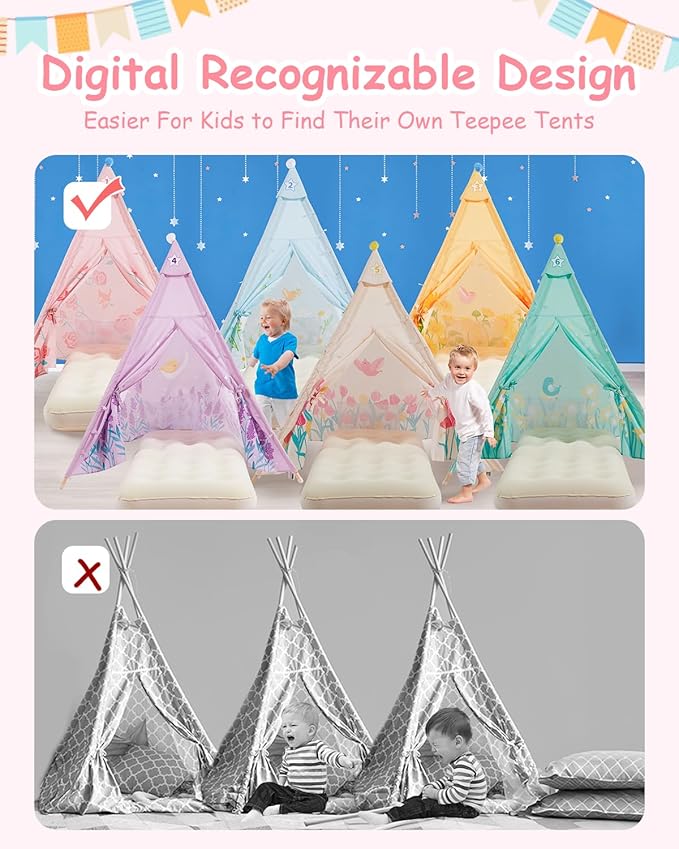 6 Pack Teepee Tent for Kids with Inflatable Airbed, Light, Toddler Tent Children Room Tents, Slumber Party Sleepover Tents, Indoor Outdoor Kids Playtent Playhouse for Girls & Boys
