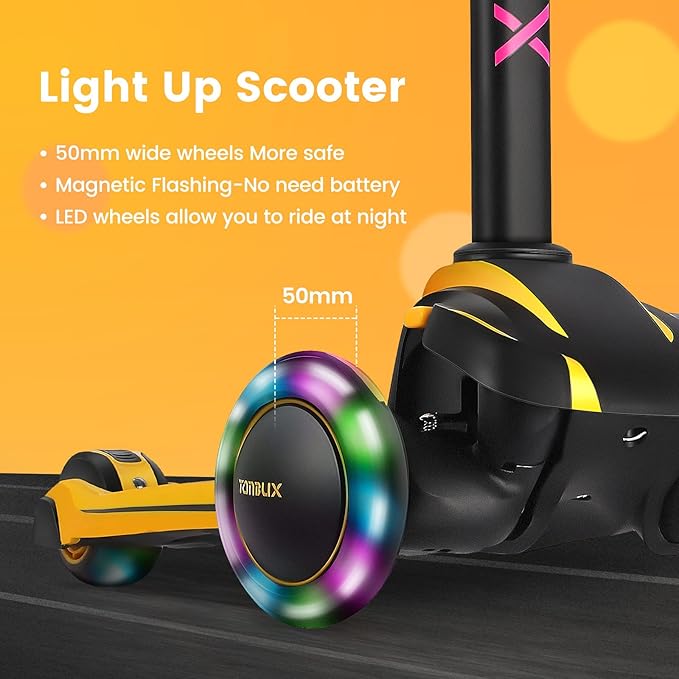 TONBUX Kids Scooter for Age 3-12, Toddler Scooter with 4 Adjustable Heights, Light Up 3-Wheels Scooter, Shock Absorption Design, Lean to Steer, Balance Training Scooter for Kids
