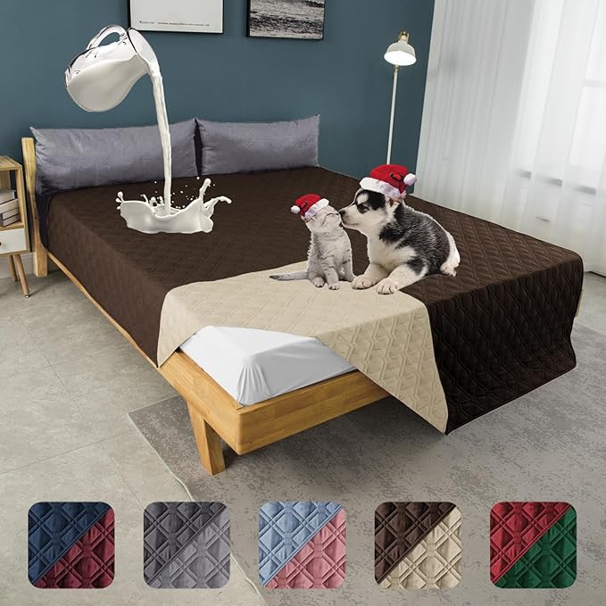 100% Waterproof Dog Bed Cover 120x82 inch Reversible Reusable Camping Mat for Kids/Pet/Dog/Cat Washable Geometric Embroidery Blanket Patchwork Brown+Beige