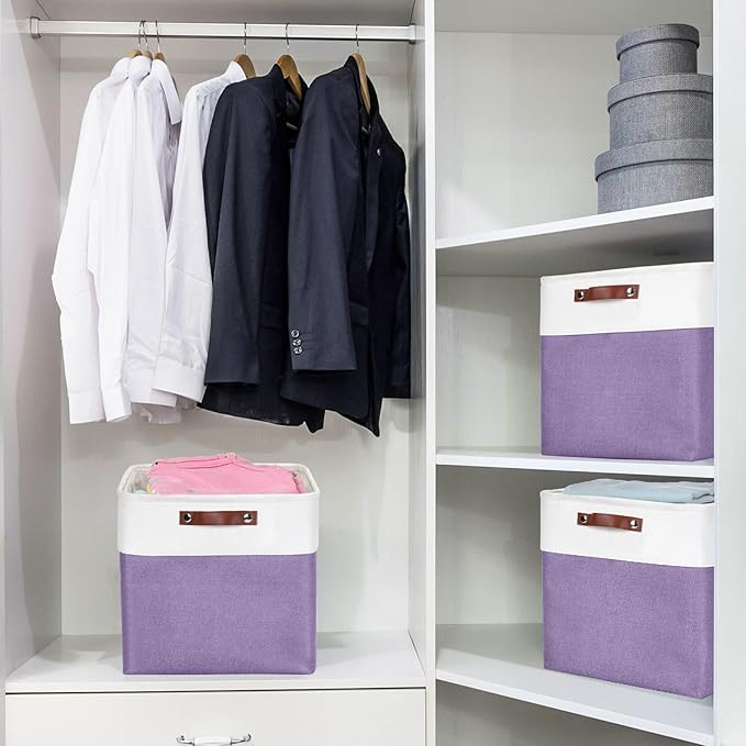 13x13 Cube Storage Bins, Collapsible Fabric Storage Box, 4 Pack Closet Baskets with Handles for Organizing, Shelf, Toys, Clothes, Home, Office, Nursery (Purple&White)