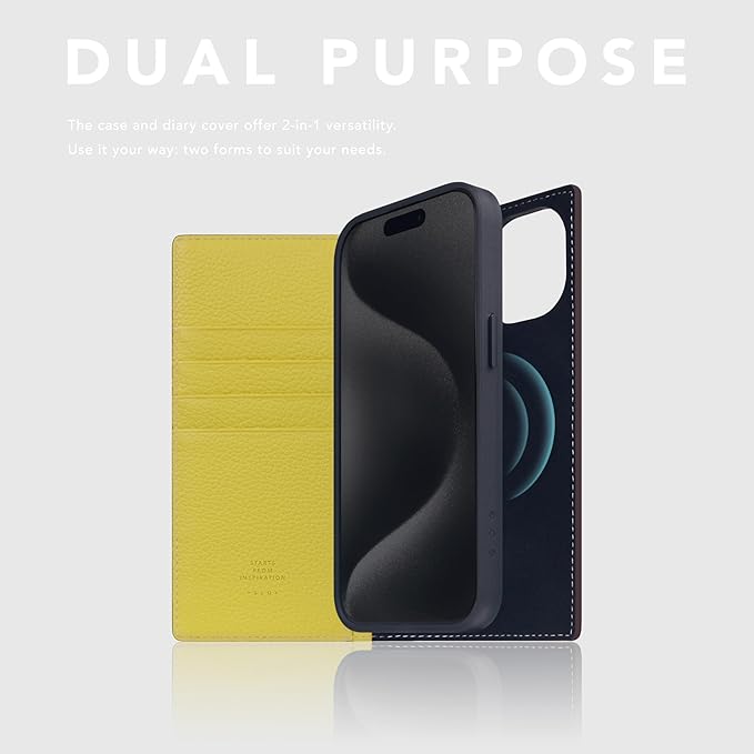 D8 Neon Full Grain Leather Wallet Case for iPhone 15 - [2-in-1] Handcrafted Detachable Diary Style with Magnetic MagSafe Back Cover, Gift Box Included (Lemon)