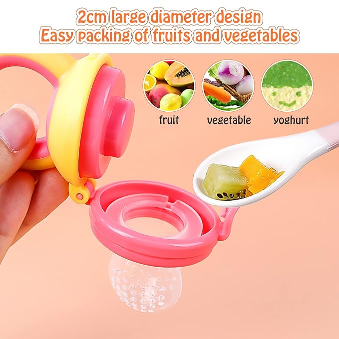 Baby Solids/Frozen Fruit Feeder Pacifier, Infant Teether Toy 4M+, BPA-Free Silicone Pouch & Nipple, Safely Introduce Solids, Teething Relief, 2-Pack (Mickey - Blue Yellow, S/M/L)