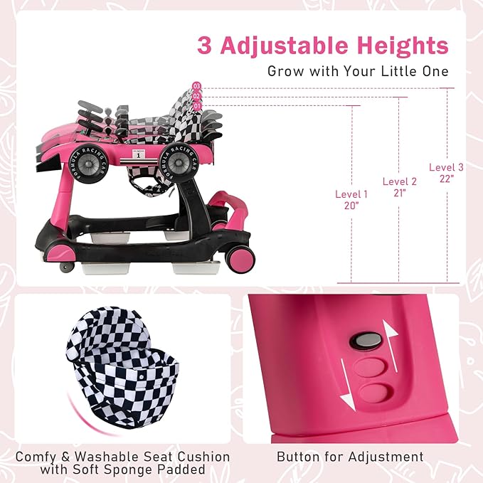 BABY JOY 4-in-1 Baby Walker, Foldable Activity Walker with Adjustable Height & Speed, Music, Lights, Steering Wheel, Comfy Seat Cushion, Activity Baby Push Walker for Boys Girls Aged 6 –18 (Pink)