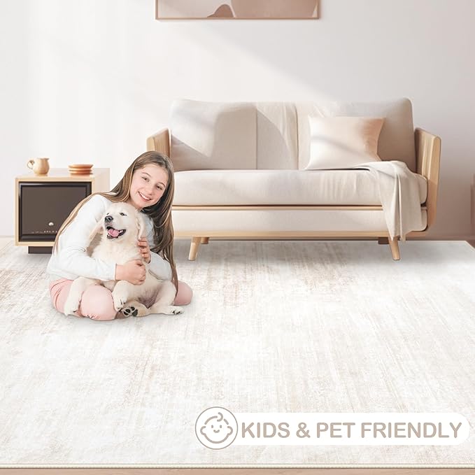 Area Rugs 6x9 Living Room: Washable Rug Modern Abstract Large Rug Soft Non Slip Neutral Rugs Stain Resistant Indoor Carpet for Bedroom Kitchen Dining Room Table Nursery Home Office Rugs(Beige,6'x9')