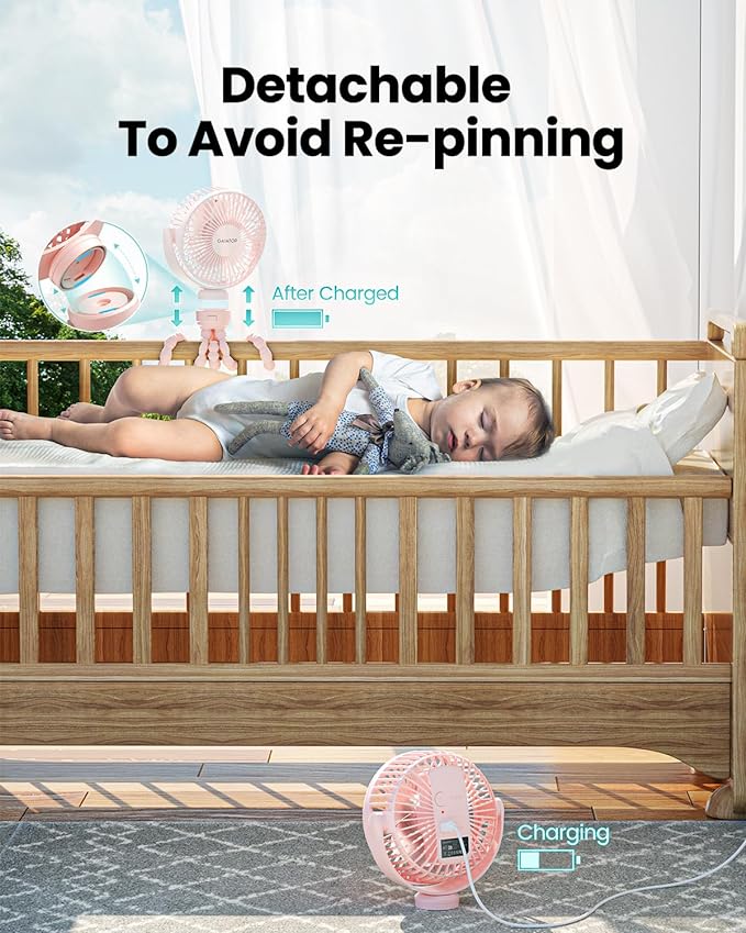 Gaiatop Mini Portable Stroller Fan, Battery Operated Small Clip on Fan, Detachable 3 Speed Rechargeable 360° Rotate Flexible Tripod Handheld Desk Cooling Fan for Car Seat Crib Treadmill Travel Pink