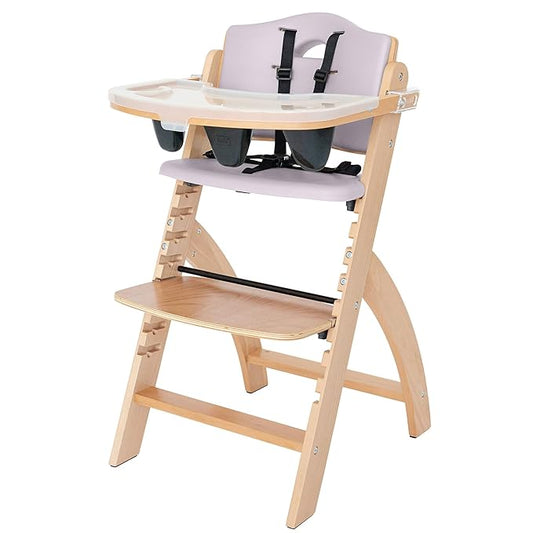 Abiie Beyond Junior Wooden High Chair with Tray - Adjustable and Convertible High Chair for Babies and Toddlers - 6 Months to 250 Lb - Water Resistant - Natural Wood with Lilac Cushion