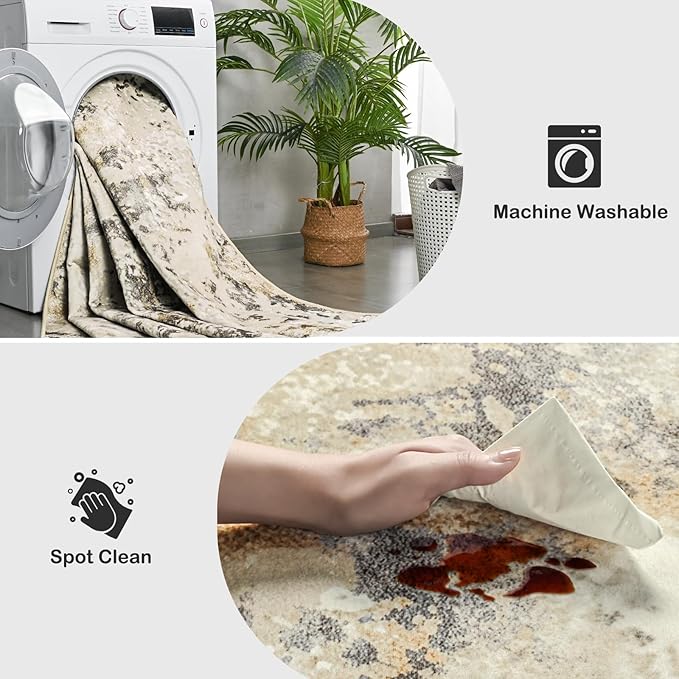 Kelarea 4x6 Rug for Living Room, Beige Washable Non-Slip Rugs, Low Pile Soft Modern Abstract Carpet for Bedroom, Kitchen, Dining Room, Classroom, Dorm, Nursery, Home Office