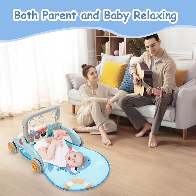 2 in 1 Baby Play Gym with Walker for Newborn, Baby Play Mat Activity Gym with 4 Infant Learning Sensory Tummy Time Mat for Infant Christmas Gifts Adjustable Height (Blue)