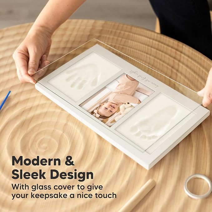 Baby Hand and Footprint Kit - Clay Handprint Keepsake Frame, Newborn Nursery Picture Frame, Personalized New Mom Gifts for Baby Shower & Registry (Vintage White)