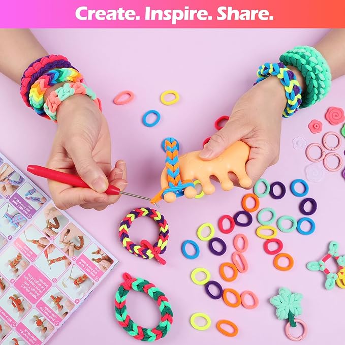 IQBOX Bracelet Making Kit Arts and Crafts for Girls Ages 8-12, Weaving Loom Rainbow Bands DIY Toys Birthday Gifts for Kids 6 7 9 10 11 13 Year Old, 1000+ Elastic Cloth Rubber Band Fabric Loops
