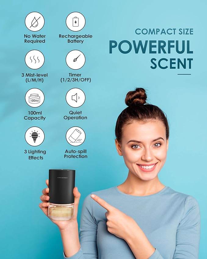 Essential Oil Diffuser Waterless Aromatherapy Diffusers for Home Large Room, Bedroom, Car, Office, Desk, Battery Operated, Small Diffuser for Pure Scent, 100mL Capacity, AN9 (Black)