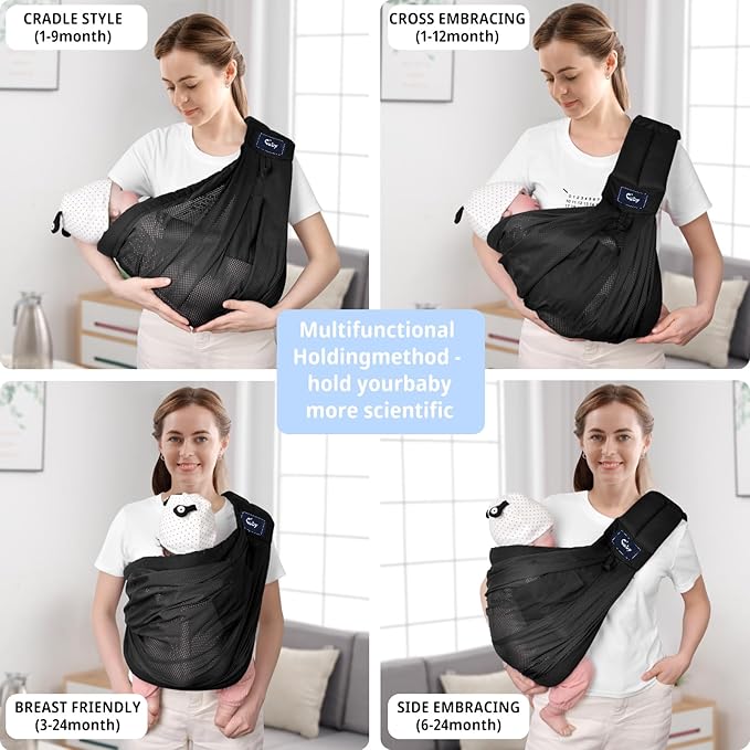 CUBY Mesh Baby Sling Carrier, Breathable Lightweight Baby Wraps Sling with Adjustable Strap Storage Bag- Easy to Wearing Front Baby Slings for Newborn Infant Toddler Carry Up to 40lbs (Black Mesh)