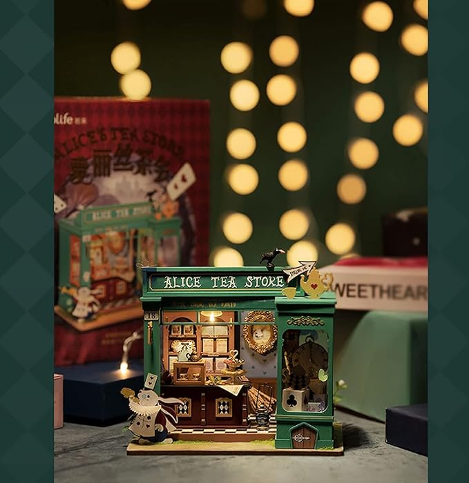 Rolife DIY Miniature House Kit Alice's Tea Store, Tiny House Kit for Adults to Build, Mini House Making Kit with Furniture, Halloween/Christmas Decorations/Gifts for Family Friends (Alice's Tea Store)