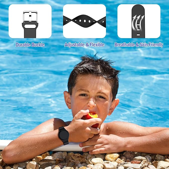 R-fun Portable Electronic Device Cover for Kids, Waterproof Airtag Bracelets [2 Pack] - Soft Silicone, Anti-Lost GPS Item Finders Case Cover, Black/Glow Blue