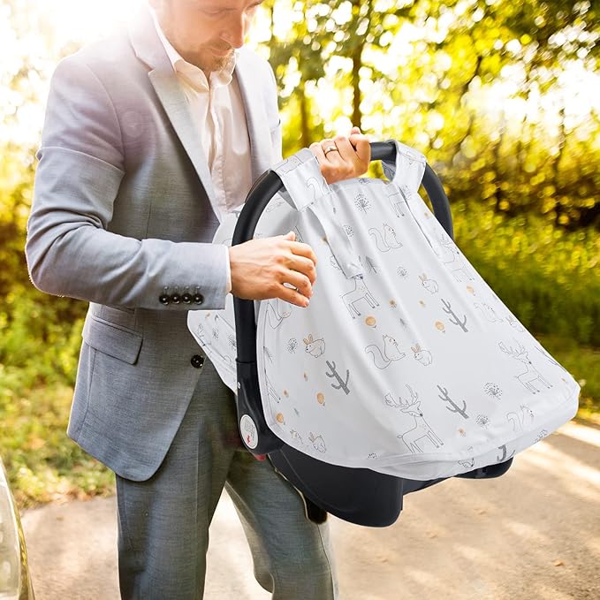 Baby Car Seat Cover, Soft Sun Shade Cover, Breathable Comfortable Privacy Carseat Canopy Protect for Newborn Infant Boys Girls (Animals)