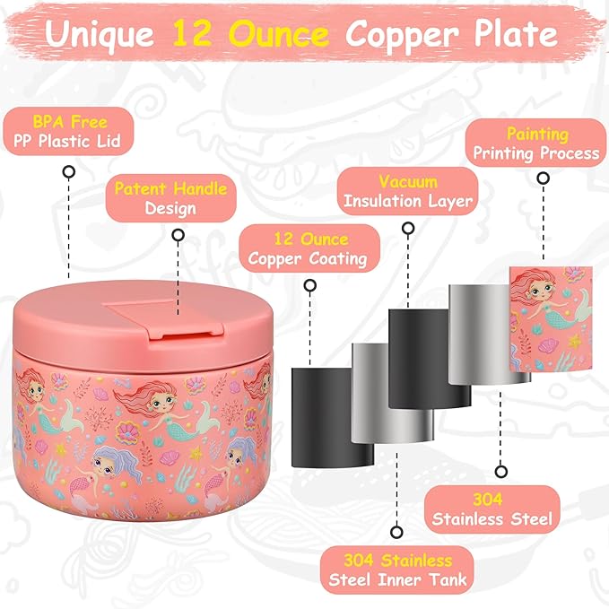 12oz Insulated Vacuum Food Jar with Buckle Lid Wide Mouth Soup Thermo for Hot Food Kids Leakproof Stainless Steel Lunch Container (mermaid)