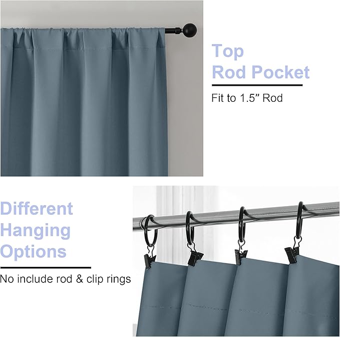 Simplebrand Ava Stone Blue Blackout Curtains for Bedroom 72 Inch Length 2 Panels, Privacy Thermal Insulated Rod Pocket Door Window Curtains for Patio French Door Front Door, W40 x L72 Inch, Stone Blue
