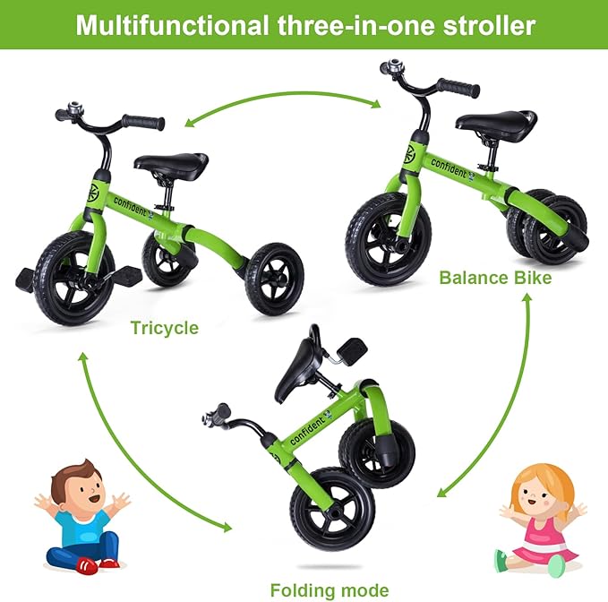 Ancaixin 3 in 1 Toddler Tricycles for 2-5 Years Old Boys and Girls with Adjustable Seat Detachable Pedal and Bell, Foldable Baby Balance Bike Riding Toys for Kids, Child Birthday Gift Green