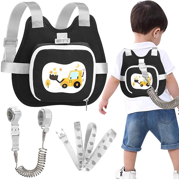 Accmor Toddler Harness Leash, Cute Excavator Child Walking Harness Tether Wristband Assistant Strap Belt Protector for Baby Boys, Collapsible Kids Leash + Anti Lost Wrist Link for Outdoor Travel Black