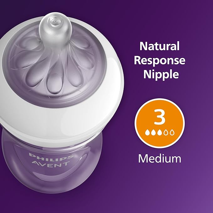 Philips Avent Natural Baby Bottles with Natural Response Nipples (Medium Flow, Flow 3), 9oz, 4-Pack, SCY903/04