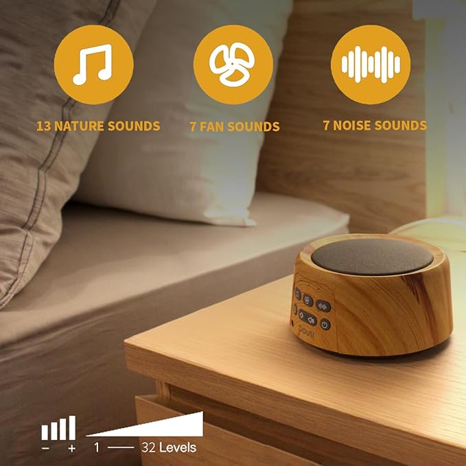 DOUNI White Noise Machine with 27 Soothing Sounds Timer, Adjustable Volume, Memory Function for Sleeping, Relaxation,Sound Machine for Kid,Adult,Nursery,Home,Office,Travel.Wood Grain