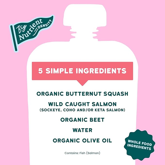 Serenity Kids 6+ Month Salmon Baby Food Pouches - BPA-Free Wild Caught Salmon & Organic Butternut Squash & Beet - No Added Sugar & High Protein - 3.5 Oz, 6 Pack