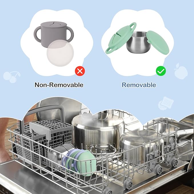 2 Pack Snack Cups for Toddlers Spill Proof - Detachable Stainless Steel Toddler Snack Cups with Silicone Lids & Handles - Dishwasher Safe Baby Snack Containers for Mess-Free Snacking (Blue and Green)