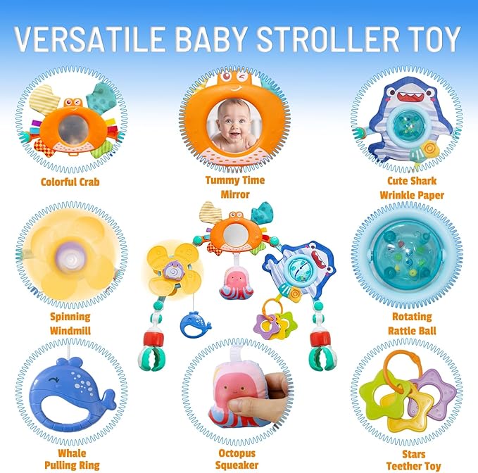 Adjustable Baby Stroller Arch Toy, Car Seat Toys for Infants 6-12 Months Hanging Toy Bar Attachment with Teether & Sound, Crib Comfort Gift for Birthday, Baby Shower