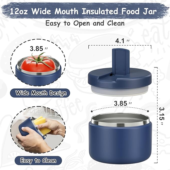 12oz Insulated Vacuum Food Jar with Buckle Lid Wide Mouth Soup Thermo for Hot Food Kids Leakproof Stainless Steel Lunch Container- Blue 1 Pack