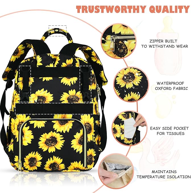 Baby Diaper Bag Backpack, Travel Diaper Bags for Baby Girl Boy Large Capacity Baby Bag Backpack for Women Sunflower