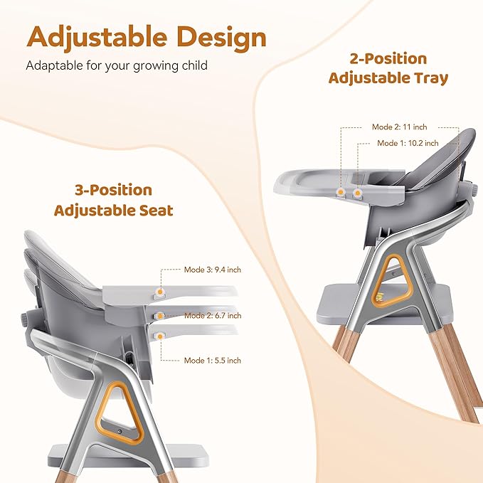 CoziBB Baby High Chair, 6 in 1 Convertible Growing Baby Highchairs for Babies and Toddlers, Baby Chair with Adjustable Dining Tray and Seat, 5-Point Safety Belt, Grey