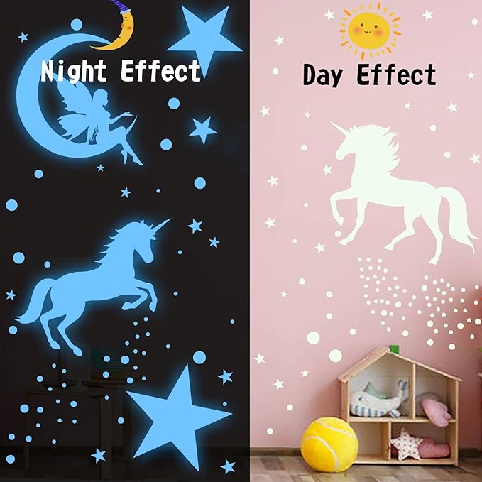 Glow in The Dark Stars for Ceiling,Unicorn Wall Decals Stickers Wall Decor for Girls Bedroom Luminous Glow Unicorn Stars Planet Ceiling Stickers for Baby Boys Kids Playroom Living Room Nursery
