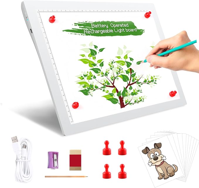 A4 Wireless Battery Powered Light Pad, TOHETO Tracing Light Box Dimmable Brightness Rechargeable LED Light Board Portable Cordless Copy Board for Artist Drawing Sketching X-ray Viewing (White)