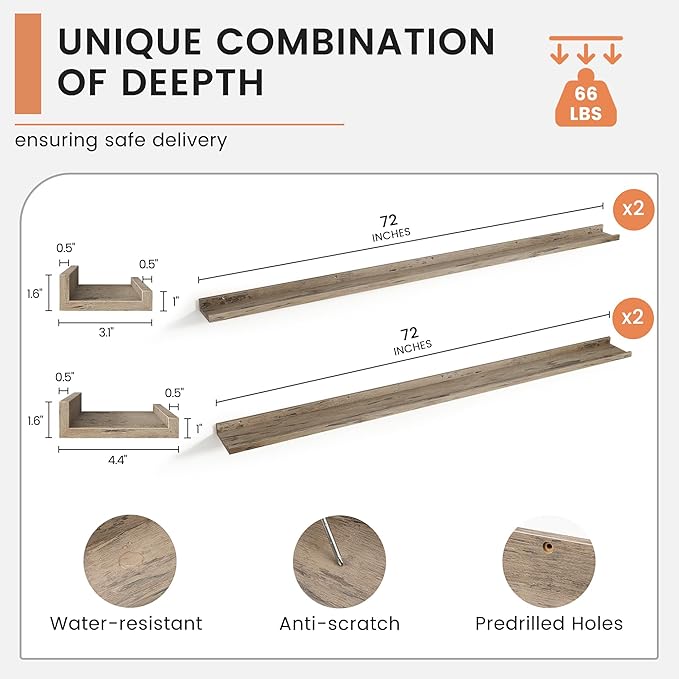 Floating Picture Ledge Shelves for Wall Set of 4, 72 Inch Wall Shelves with Lip Long Large Nursery Book Shelf for Toys Storage Kids Bookshelf Wall Mounted Living Room Bedroom Decor Frames