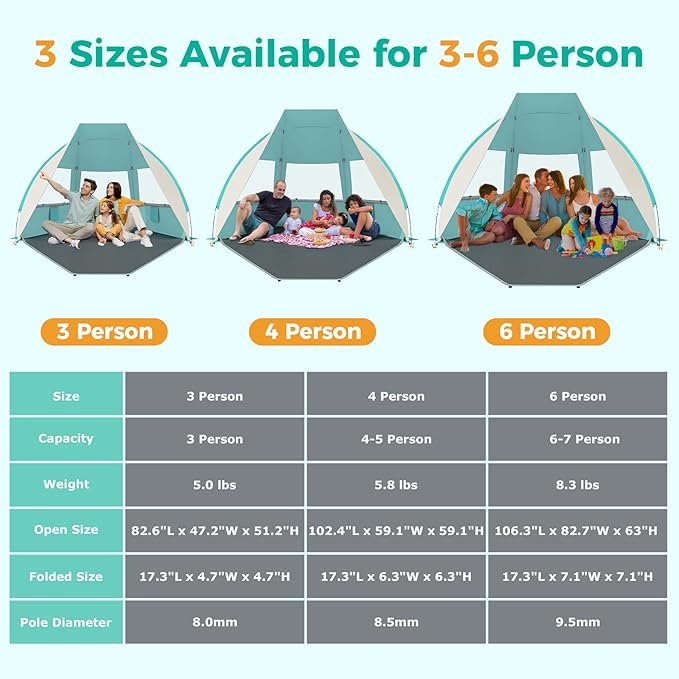 Gorich Portable Beach Tent for 3/4-5/6-7 Person with UPF 50+ UV Protection, Lightweight & Foldable Sun Shelter with 5 Sand Bags, Easy Setup Windproof Beach Umbrella Sun Shade