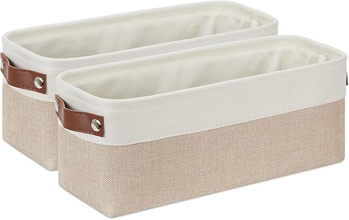 DULLEMELO 2-Pack Bathroom Baskets for Toilet, Small Storage Bins for Organizing Closets, Cabinets, Shelves, Canvas Fabric Storage Basket Bins With Leather Handles for Empty Gift Basket (White&Khaki)