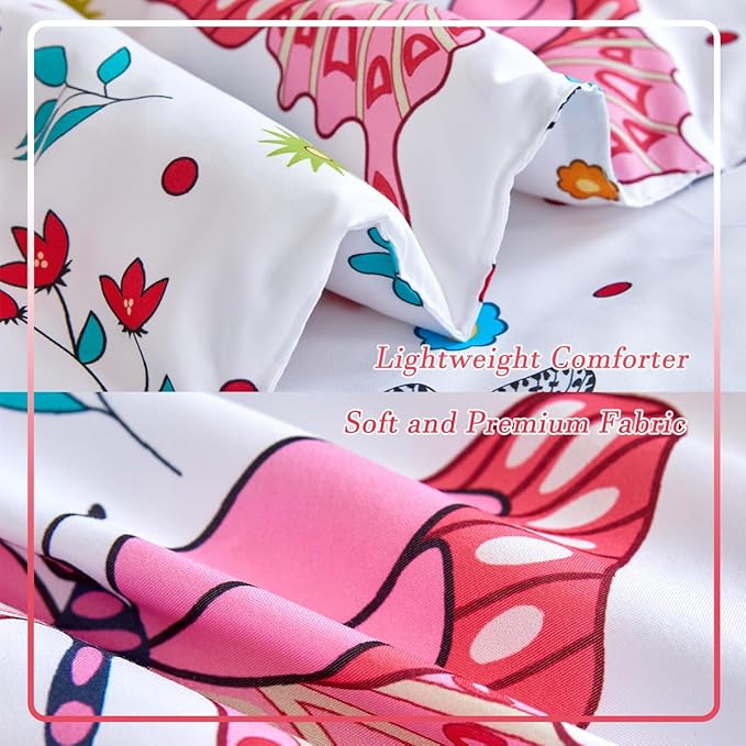 PERFEMET 4-Piece Girls Butterfly Bedding in Pink Floral - Reversible Colorful Flower Toddler Bed Comforter Set for All Season (White, Butterfly)