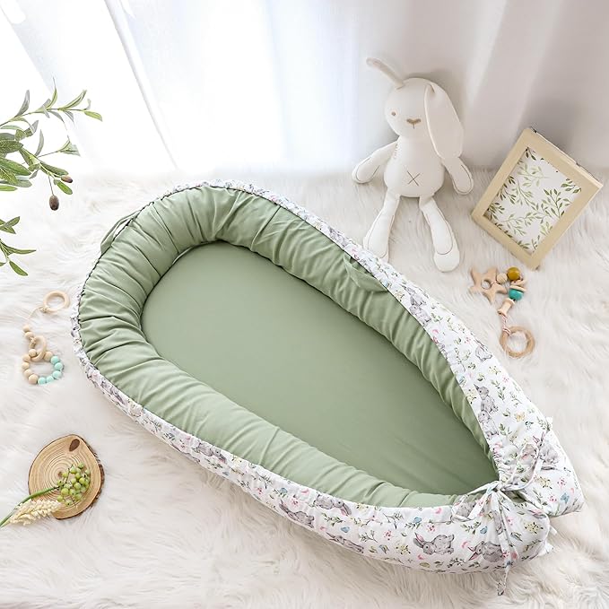 Baby Lounger Cover for Boys Girls, Reversible Baby Nest Cover, Adjustable Baby Lounger Replaceable Cover for Infant Newborn, Portable and Machine Washable, Cotton Green Rabbit Cover Only