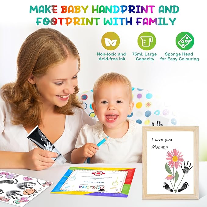 75ml Black Baby Hand and Footprint Ink Kit, Baby Handprint Footprint Paint for Newborn Keepsake, Dog Cat Paw Print Kit, Washable, Non Toxic Acid-Free, Safe Gentle for Ideal New Mom Gifts