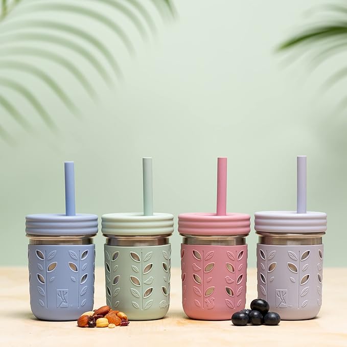 Elk and Friends 10oz Stainless Steel Kids + Toddler Drinking Cups | The Original Mason Jars with Lids + Sleeves + Straws | Smoothie Cups | Spill Resistant | Dishwasher Safe | 4 Pack