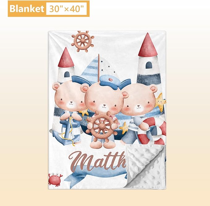 Custom Baby Bedding Set, 5 Pcs Customized Nursery Bedding Set with Name, Comfortable Double Layer Crib Sets for Boys Girls, Personalized Gifts for Infants Toddlers New Parents, Sailing Bear