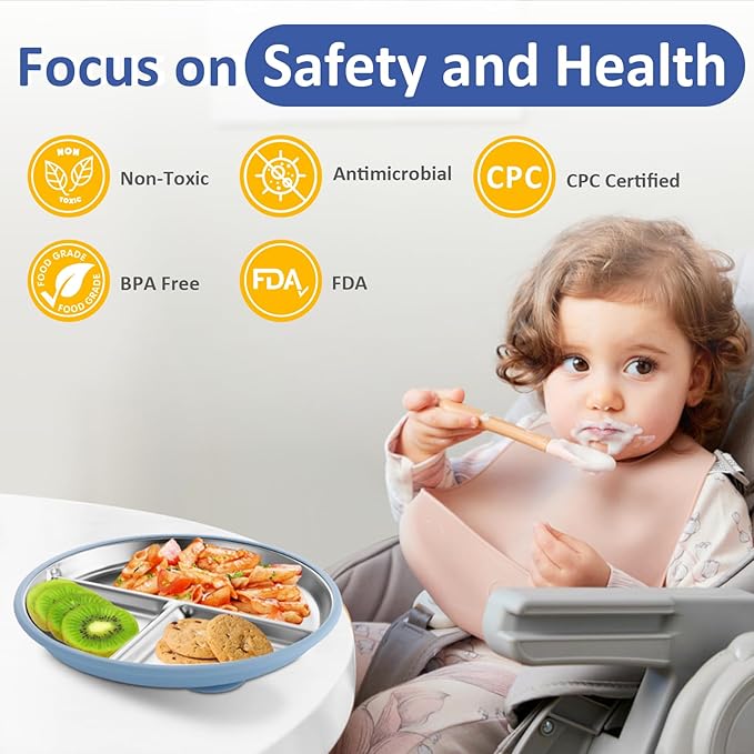 Stainless Steel Suction Plates for Toddlers, 9" Divided Kids Baby Plates with Removable Silicone Suction, Non Toxic Non Slip Portion Control Snack Dishes 4 Packs, Blue Green Purple Beige