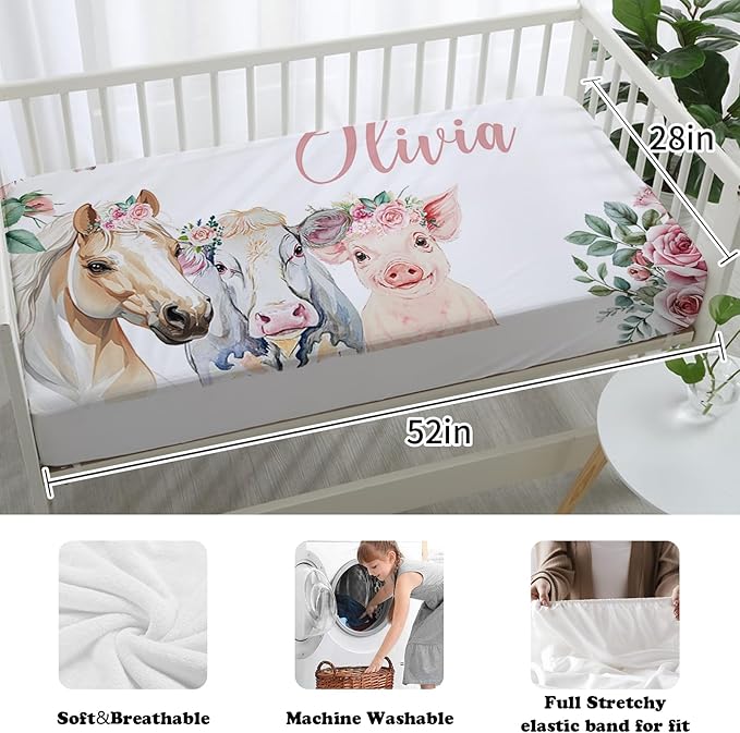 Custom Nursery Crib Bedding Set: Personalized Name 4 Piece Flower Horse Design Baby Crib Sets for Girls - Toddler Double Layer Blanket Set, Comfortable Crib Bed Sheets for Baby Toddlers